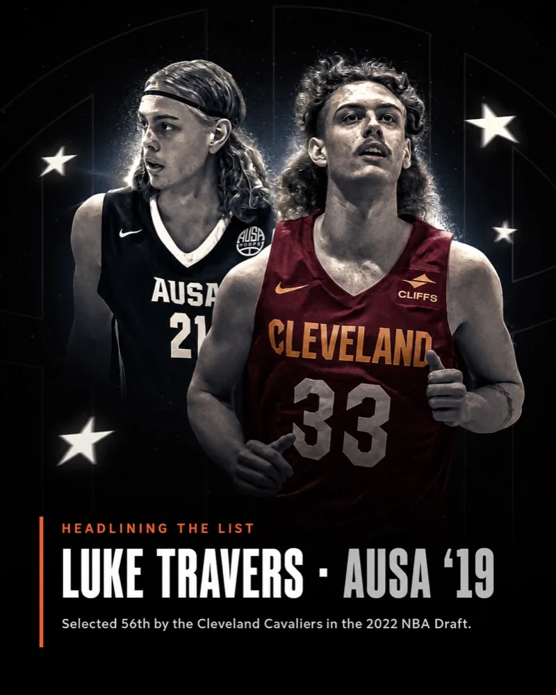 Luke Travers, AUSA '19 tourer, selected 56th by the Cleveland Cavaliers in the 2022 NBA Draft