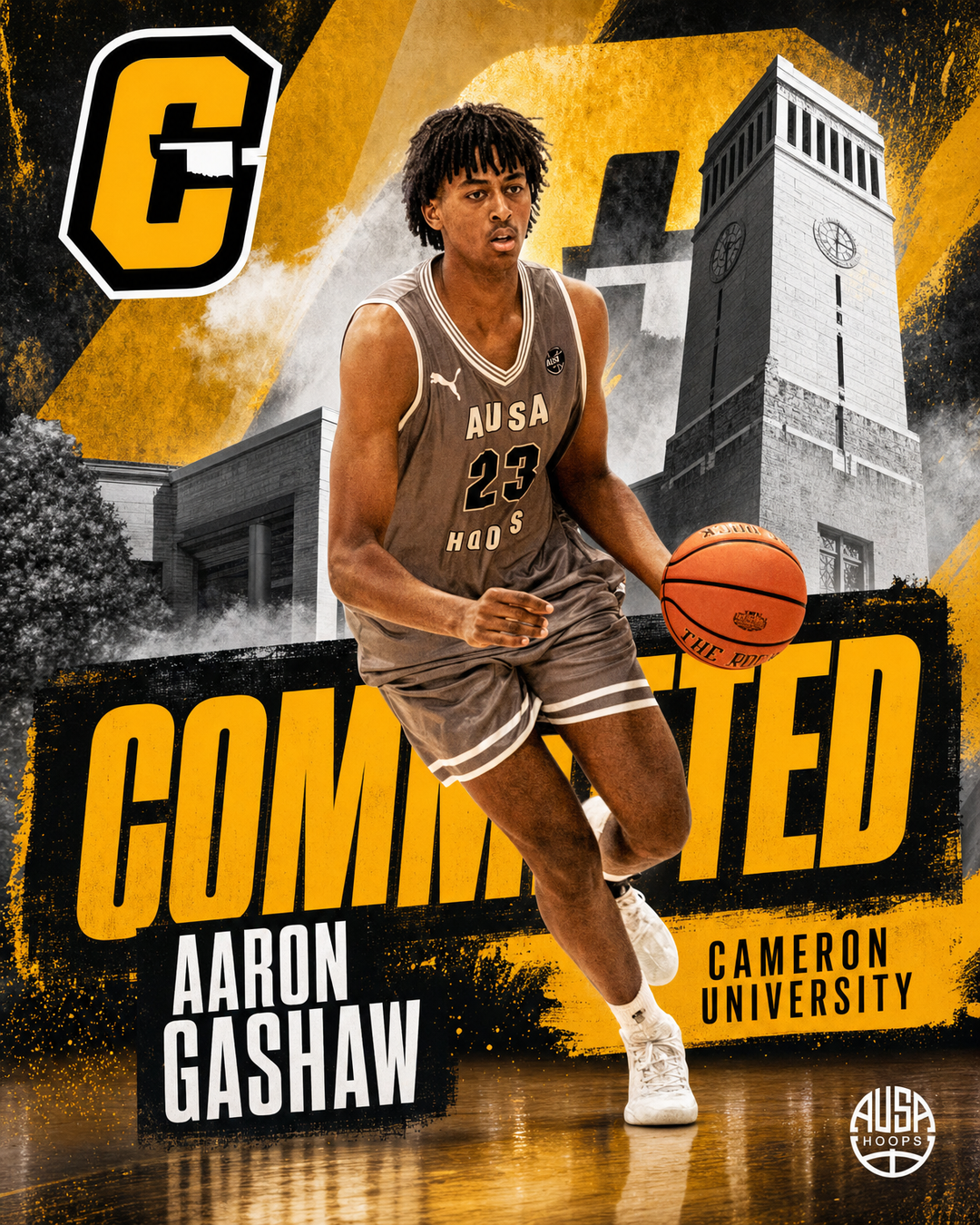 Aaron Gashaw Commits to Cameron University Basketball — commitment graphic